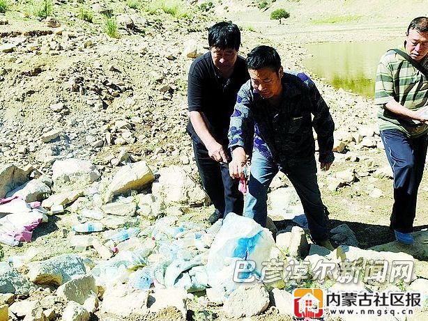 牧民苏亚拉图（中）与朋友在狼山水库旁捡塑料垃圾